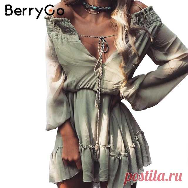BerryGo С плеча с длинным рукавом пляж лето dress Короткие шифон vintage dress женщины Рюшами sexy dress платье de festa купить в магазине BerryGo Offical Store на AliExpress