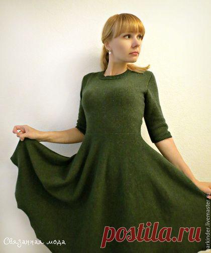 Купить Вязаное платье "Зелёный Твид" - тёмно-зелёный, однотонный, платье, вязаное платье