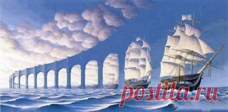 Эта иллюзия -  настоящее произведение искусства. Картину нарисовал Роб Гонсалвес -  канадский художник, представитель жанра магического реализма. В зависимости от того, куда вы посмотрите, вы можете видеть или арку длинного моста или парус корабля. / Модное Настроение