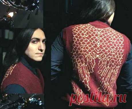 Жилет "Крылья ангелов" Вязаный спицами мужской жилет с жаккардовым узором "Крылья ангелов". Схема