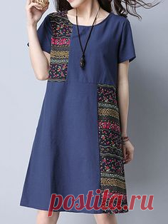 Vintage Floral Patchwork Pocket Short Sleeve Women Dresses