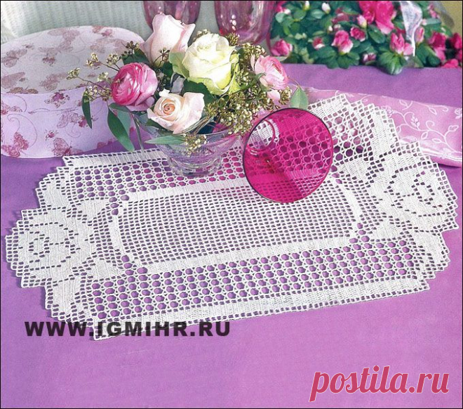 Салфетка с розами. Филейное вязание. Крючок.