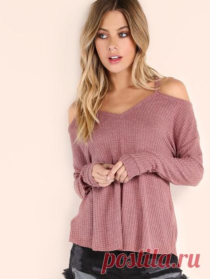 Pink Waffle Knit Cold Shoulder T-shirt
