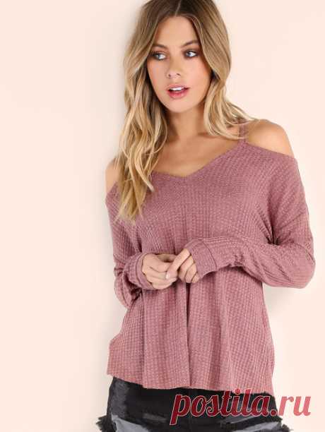 Pink Waffle Knit Cold Shoulder T-shirt