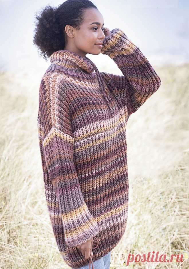 Свитер-оверсайз с завязкой в воротнике — схема вязания спицами с описанием на BurdaStyle.ru