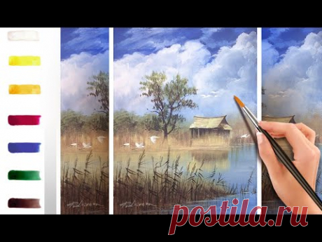 Цапли на озере. Как нарисовать пейзаж 🎨АКРИЛ! ‎Мастер-класс ДЕМО