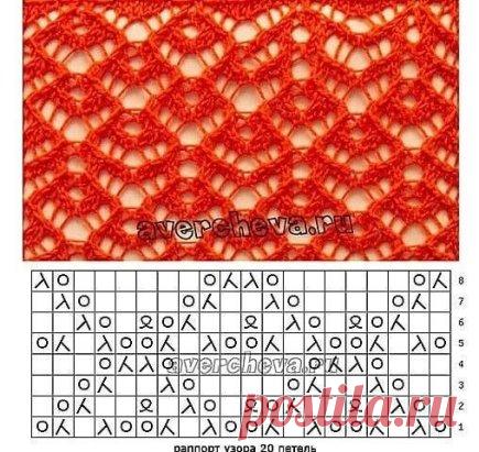 Ажурный узор от Елены Аверчевой
Схема для кругового вязания, убавления и накиды нужно делать в каждом ряду ...