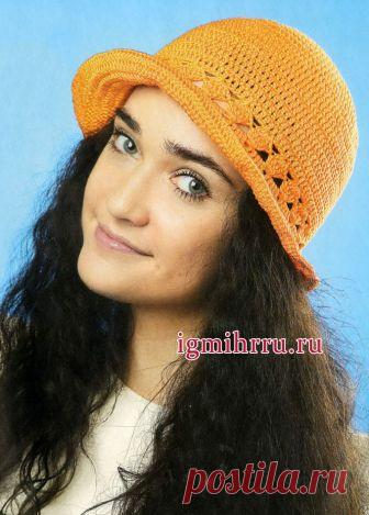 Летняя шляпка оранжевого цвета. Вязание крючком