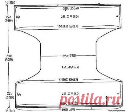 Болеро одним полотном.
Только два шва.Смотрим на картинку. Слева два самых коротких отрезка сшиваются между собой
и справа - два коротких - соединяются .В полученные кольца и проходят руки.Теперь смотрим на вертикаль - узкая часть (52 см) - это ширина спинки Ее и можно изменять.
Высота жилета по спинке складывается из высоты нижнего яруса (22 см) и среднего (50 см)