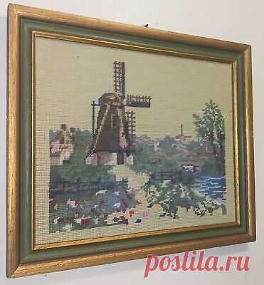Vintage Framed Embroidered Needlepoint Goeblin Dutch Windmill 17.75x15