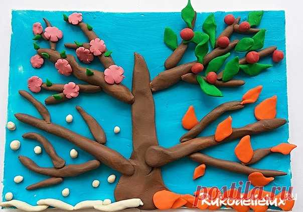 Лепим с детьми. Развивающая аппликация-картина на картоне из пластилина – дерево "Времена года".