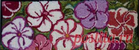 FREE SHIPPING Original Hand Hooked Rug - Framed 10" x 27" Pinks is a one-of-a-kind hand-hooked rug designed and made by me using wool fabric, yarn and roving on a linen backing.  Pinks is inspired by a giant pink and white hibiscus flower I saw last summer. I had never seen such a beauty.  It measures 10 x 27 and comes ready to hang in a sleek custom black frame.