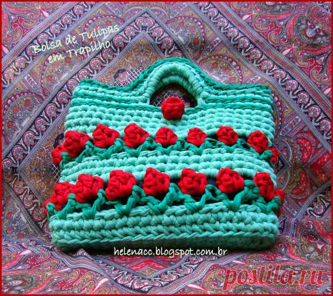 Сумочка "Тюльпаны" крючком из "тряпичной пряжи".