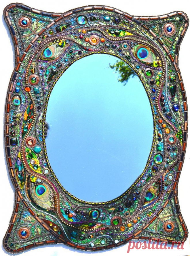 SOLD - Mosaic peacock mirror - mosaic art, Real peacock feather inlays -SOLD