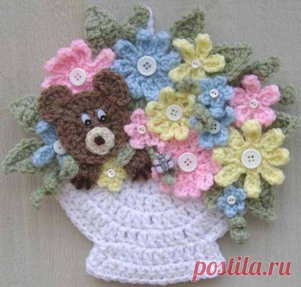 Панно с цветами и мишками). Идеи для творчества. #вязание #крючком