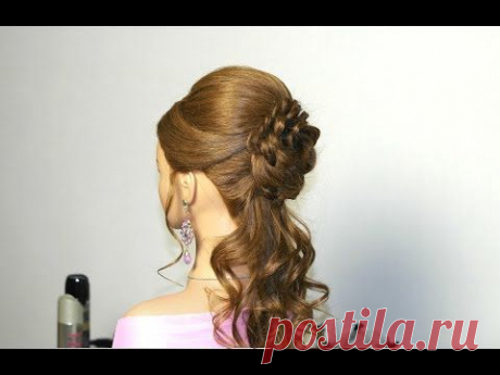Romantic prom hairstyle for long hair with braided flower. Прическа на выпускной с цветком из волос. - YouTube