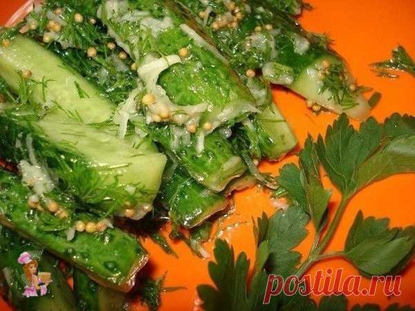 Любимая закуска из огурцов с чесноком, укропом и горчичкой... 

Продукты: 
0,5 кг свежих огурчиков 
5-6 долек чеснока 
укроп - пучок 
зерна горчицы - 1 ст.ложка 
соль по вкусу 
Масло растительное - 4 ст.лож 
уксус - 1 чайн.лож. 

Способ приготовления: 
Огурцы разрезать на 4 части вдоль, уложить в банку. 
Добавить к огурцам раздавленный чеснок, порезанный укроп, зерна горчицы, соль,уксус, масло. 
Банку встряхнуть, дабы все продукты подружились !
Подавать можно немедленно, а...