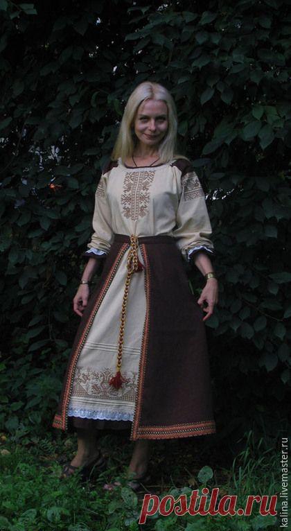 Купить Комплект "Макошь" - рубаха и панева - бежевый, коричневый, славянская рубаха, славянское платье