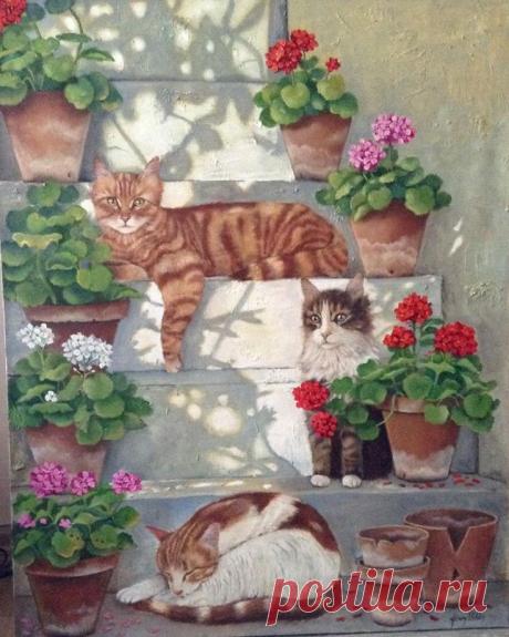 Кошки, герань и кружева турецкой художницы Füsun Ürkün