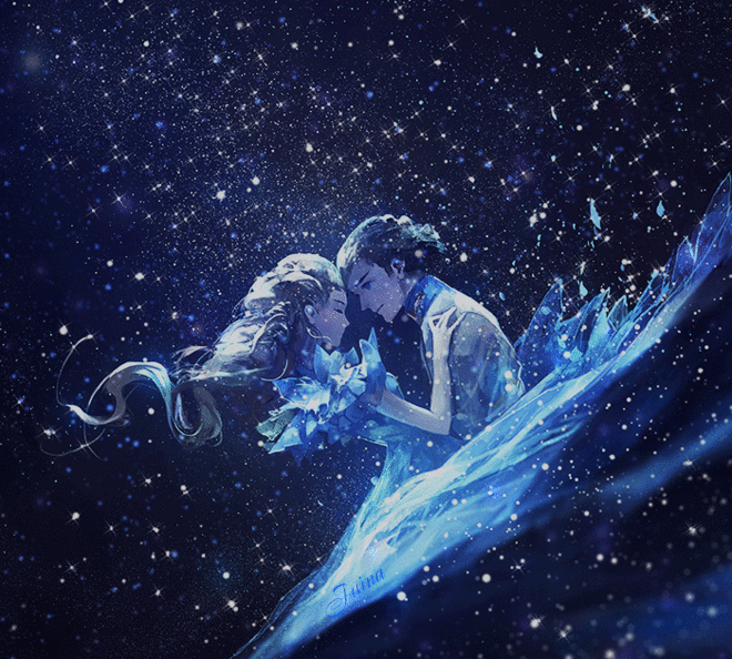 Гиф анимация Снежная принцесса обнимается с принцем под падающий мерцающий снег