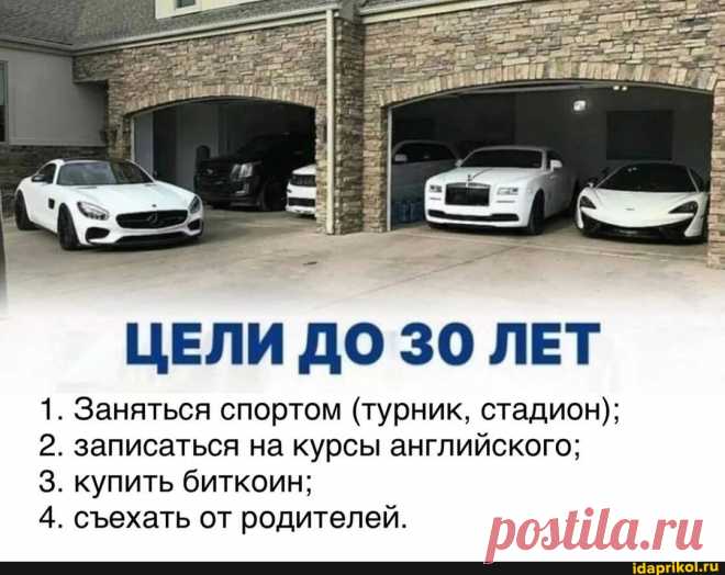 ЦЕЛИ ДО 30 ЛЕТ 1. Заняться спортом (турник, стадион); 2. записаться на курсы английского; 3. купить биткоин; 4. сехать от родителей. - ) / АйДаПрикол .)