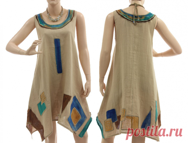 Kleid Tunika handbemalt Leinen in karamell 36-40 - CLASSYDRESS