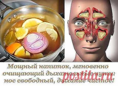 Мощный напиток, мгновенно очищающий дыхательные пути: нос свободный, дыхание чистое! 
 На заражение острой респираторной инфекцией наш организм реагирует обильным выделением слизи в носоглотке и такими неприятными симптомами, как заложенность носа, слезоточивость, отеки слизистой и околоносовых пазух, головная боль. 
Мы знаем средство, которое способно предупредить надвигающуюся болезнь. Приготовь его при появлении первых признаков простуды, чтобы помочь организму быстрее ...