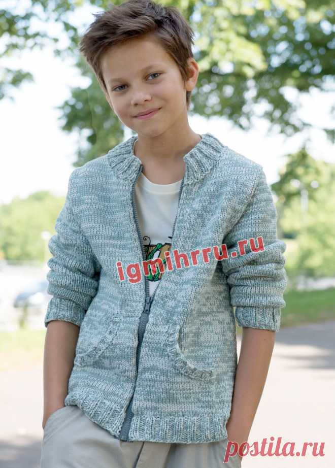 ДЛЯ МАЛЬЧИКА 8-15 ЛЕТ. СЕРО-ЗЕЛЕНЫЙ ЖАКЕТ С КАРМАНАМИ. Вязание спицами для детей.