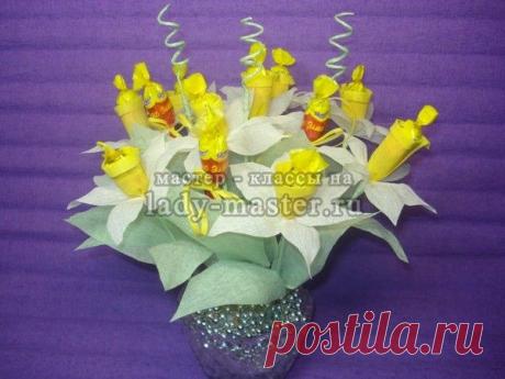 Букет нарциссов из конфет, мастер - класс с фото, пошагово