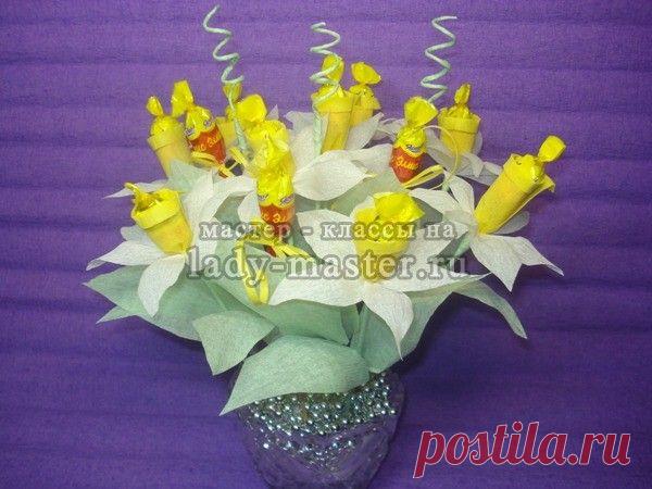 Букет нарциссов из конфет, мастер - класс с фото, пошагово