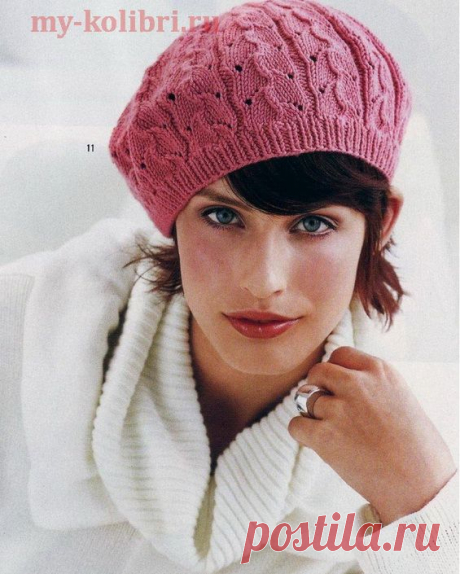 Красивый берет спицами «Виноградная лоза»