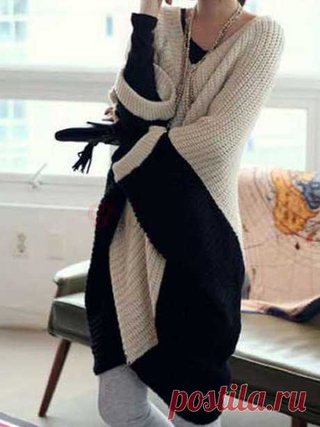 Fabulous Color Block Dolman Cropped Sleeves Irregular V Neck Long Pullover - BuyTrends.Com
