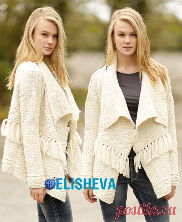 Шикарный жакет от Drops Design с шалевым воротником и красивыми узорами, вязаный спицами