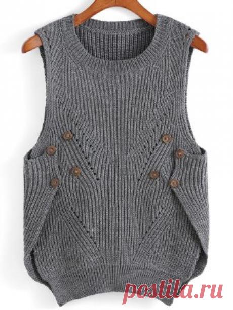 Romwe Dip Hem Slit Buttons Knit Tank Top
