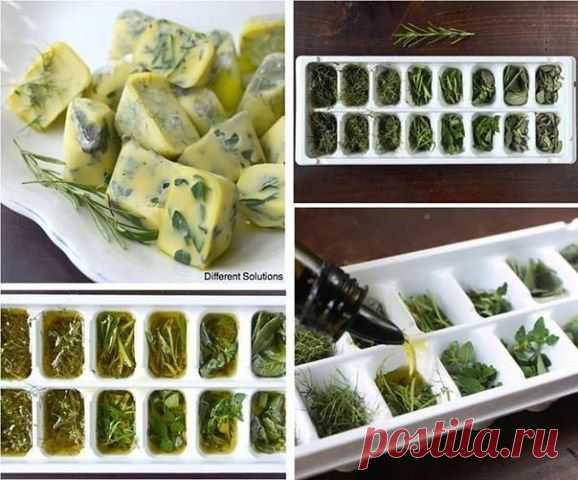 Кубики из оливкового масла с зеленью.