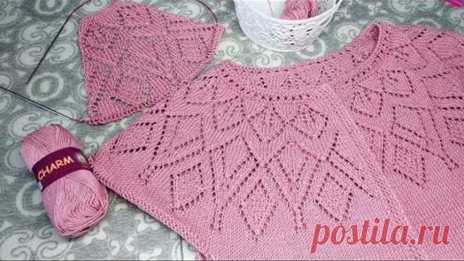 Ажурная круглая кокетка спицами. МК по узору.