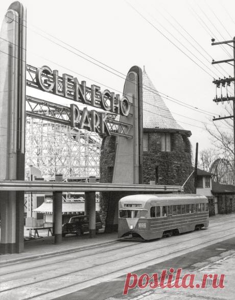 Next Stop Funville: 1959 February 8, 1959. Montgomery County, Maryland. "Glen Echo Park entrance with trolley to Union Station in front." Gelatin silver print by Ara Mesrobian (1924-2019).
