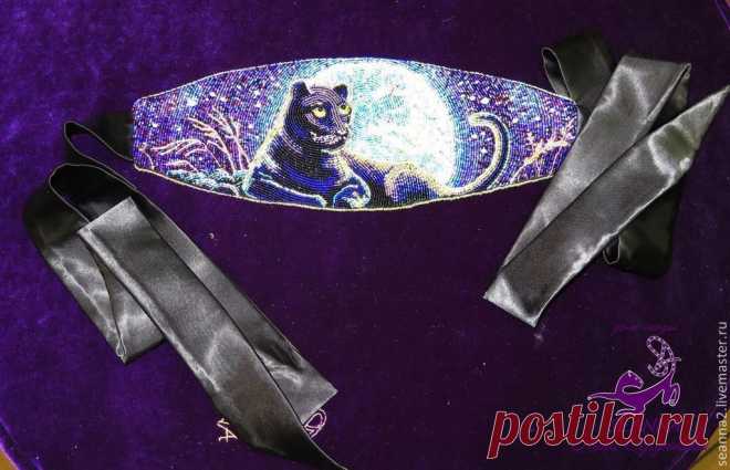 Купить Пояс-кушак-оби, вышитый бисером, безразмерный "Пантера и Луна" - тёмно-фиолетовый