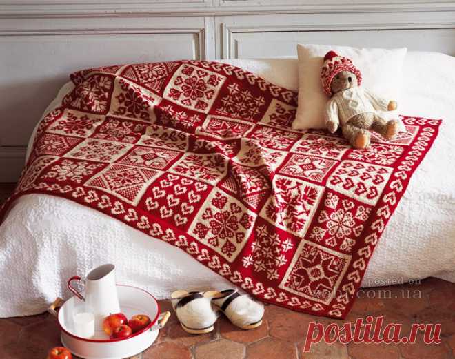Плед спицами из разных мотивов