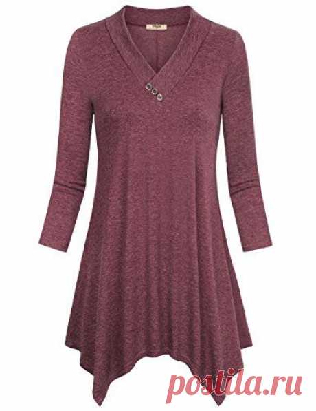 Timeson Tunic Dress, Women's 3/4 Sleeve V-Neck Assymetrical Handkerchief Hem Swing Shirt Tops Wine Large