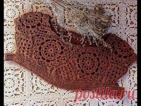 Круглая кокетка крючком, из мотивов для плечевого изделия. МК.