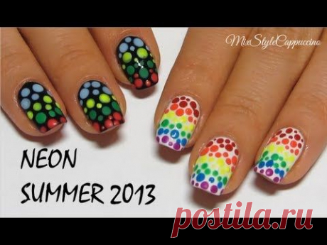 Яркий дизайн ногтей / Неоновый маникюр Дотсом  / Neon NailArt / Радуга на ногтях