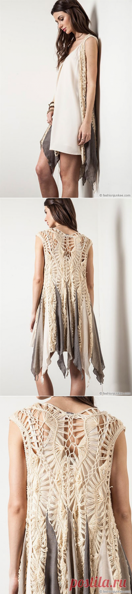 Unbalanced Boho Long Knit Crochet Sleeveless Cardigan Vest-Mocha Beige