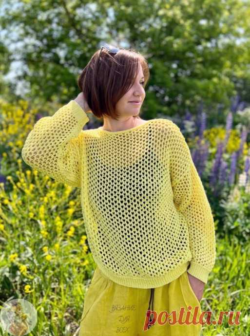 Ажурный желтый топ, связанный спицами