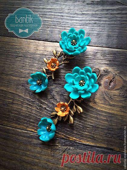 Купить Цветочные серьги веточки из полимерной глины бирюзовые - бирюзовый, темно бирюзовй, золотой, бежевый