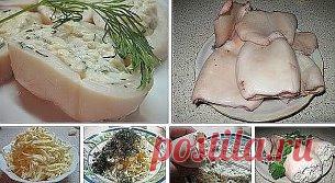 12 рецептов с кальмарами: 
1. Фаршированные кальмары
2. Очень вкусный салат из кальмаров с плавленым сыром 
3. Кальмары, фаршированные грибами 
4. Нежный кальмар в сметанном соусе 
5. Кальмары фаршированные 
6. Хе из кальмаров 
7. Салат из кальмаров с овощами 
8. Салат из кальмаров с рисом 
9. Салат из кальмаров с морской капустой 
10. Салат из кальмаров с яблоками и клюквой
11. Салат из кальмаров с огурцами 
12. Салат с кальмарами, сыром и кукурузой