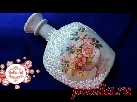 🌸Декор бутылки. Кружевная роспись. Мастер-класс по декупажу бутылки для начинающих своими руками
