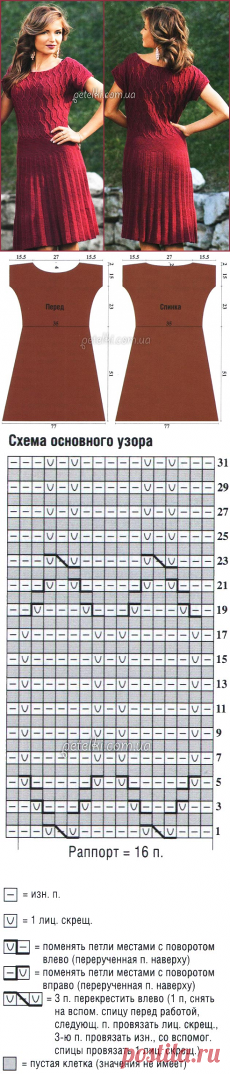Элегантное бордовое платье спицами. Описание, схема, выкройка