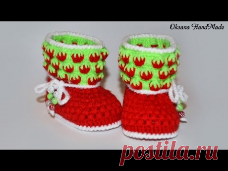 Пинетки крючком "Клубнички". Мастер класс и схема. Booties crochet DIY
