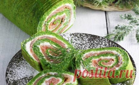 Рулет с лососем, шпинатом и сливочным сыром Очень красивая и вкусная праздничная закуска, которую приготовить несложно. Подойдет любая рыба - семга, форель, лосось - ФОКУС ВНИМАНИЯ